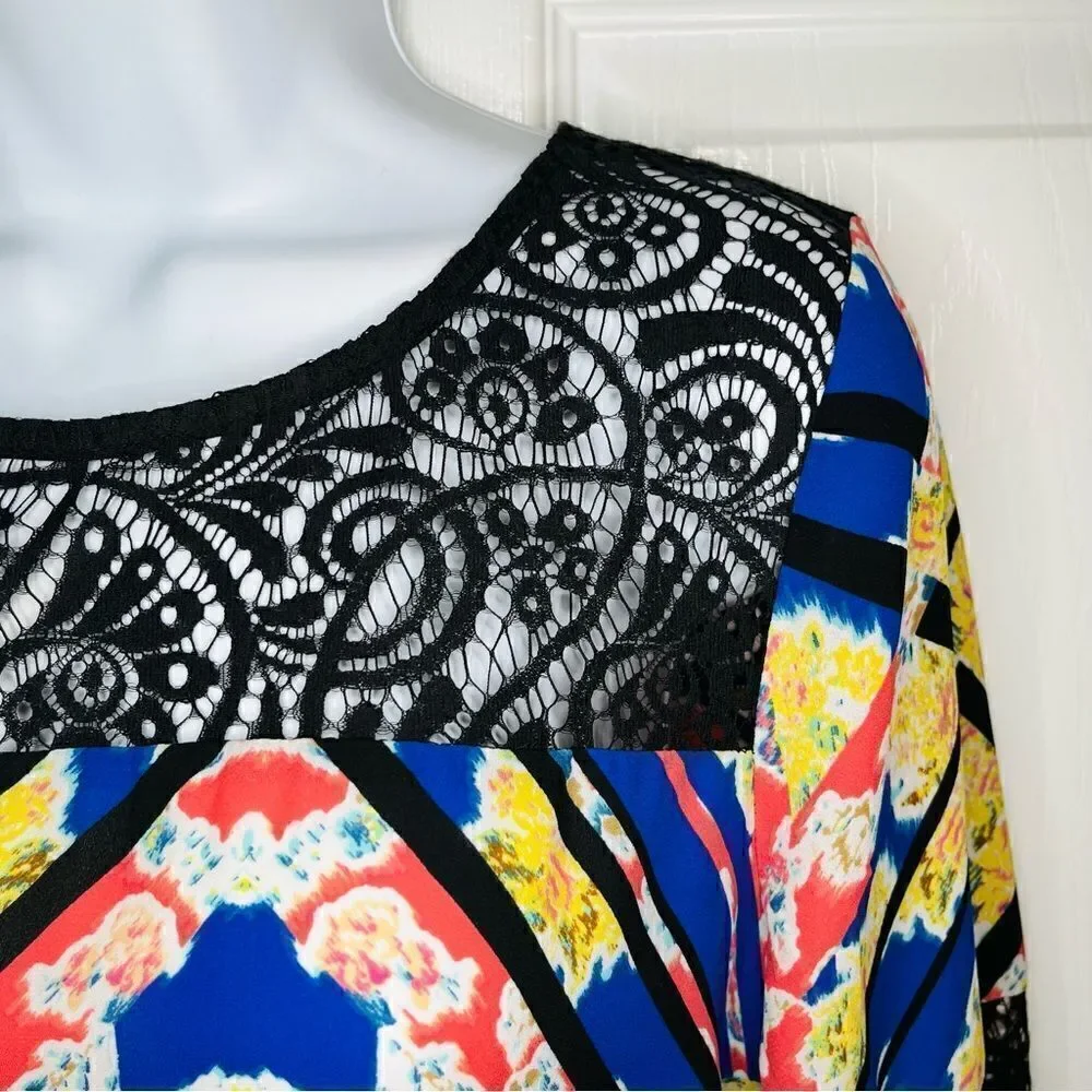 Socialite Watercolor Floral Geometric Black Lace Yoke Mini Dress Royal Blue S